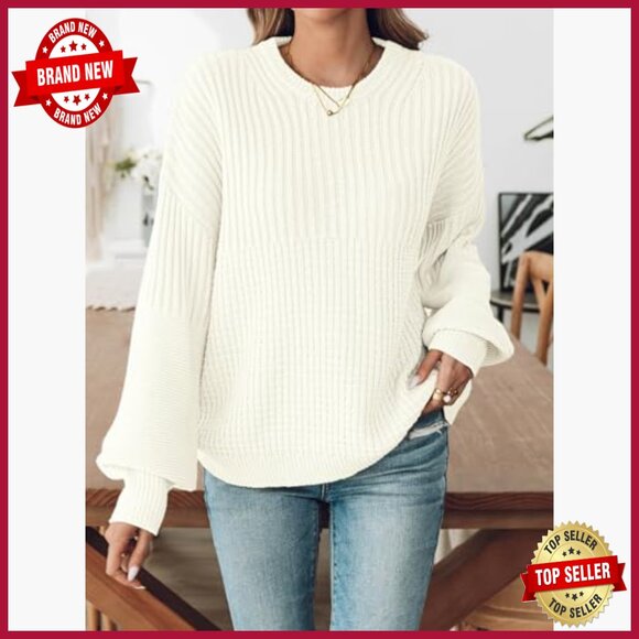 Oversized Batwing Sleeve Sweater Ribbed Waffle Knit Pullover Crewneck - Picture 5 of 7